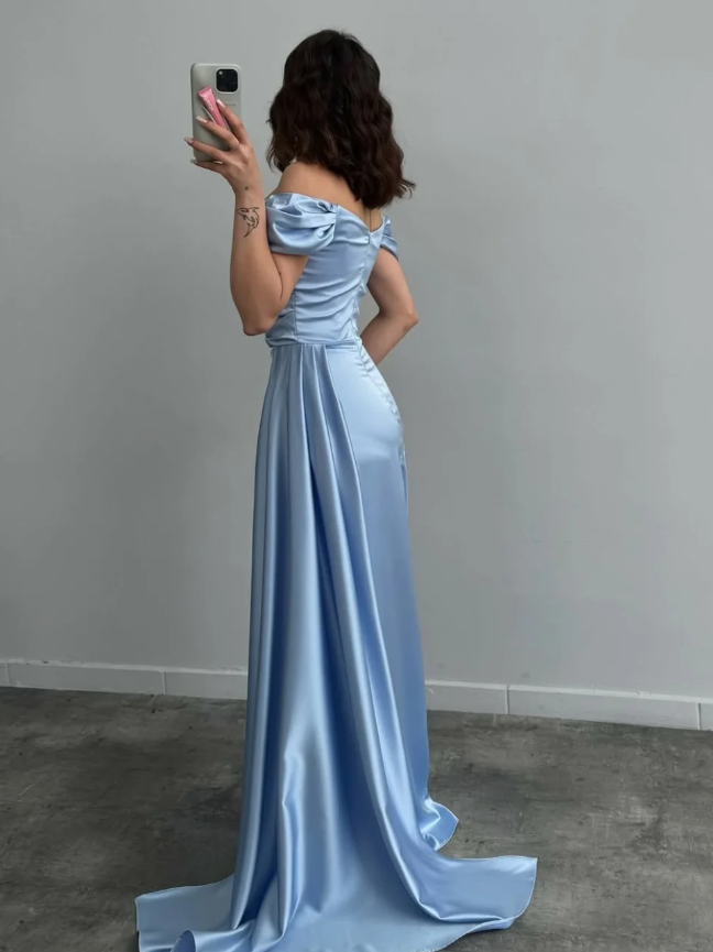 Blue A Line Off the Shoulder Pleated Satin Long Prom Dress Evening Dress SH7320