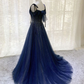 Navy Blue Tulle Beaded Long Prom Dress Evening Dress SH909