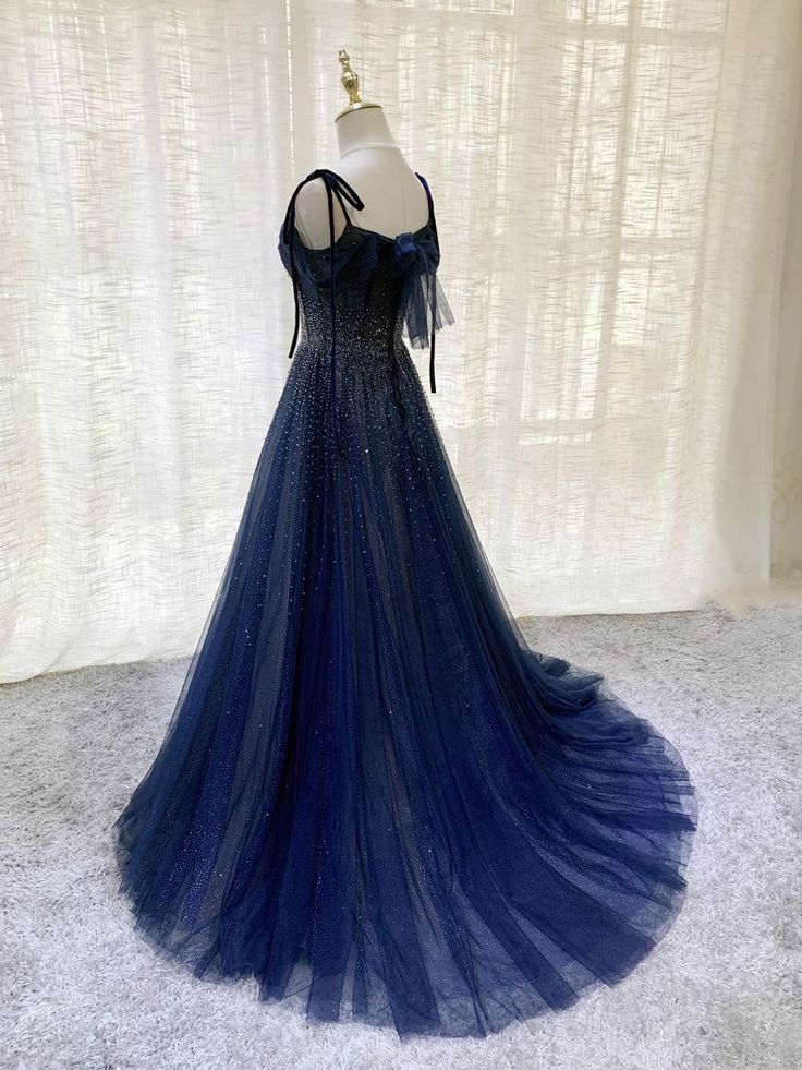 Navy Blue Tulle Beaded Long Prom Dress Evening Dress SH909
