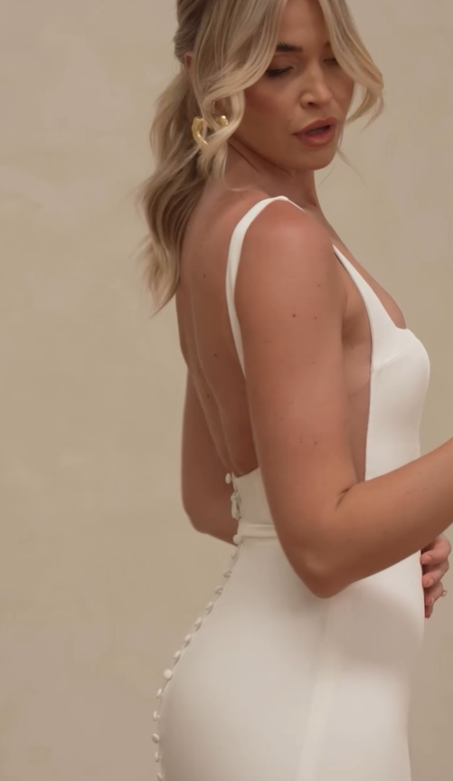 Mermaid Spaghetti Strap White Satin Long Sweep Wedding Dress Prom Dress SH4126