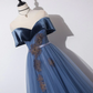 Off Shoulder Tulle Gray Blue Long Prom Dress, Blue Formal Dress SH838