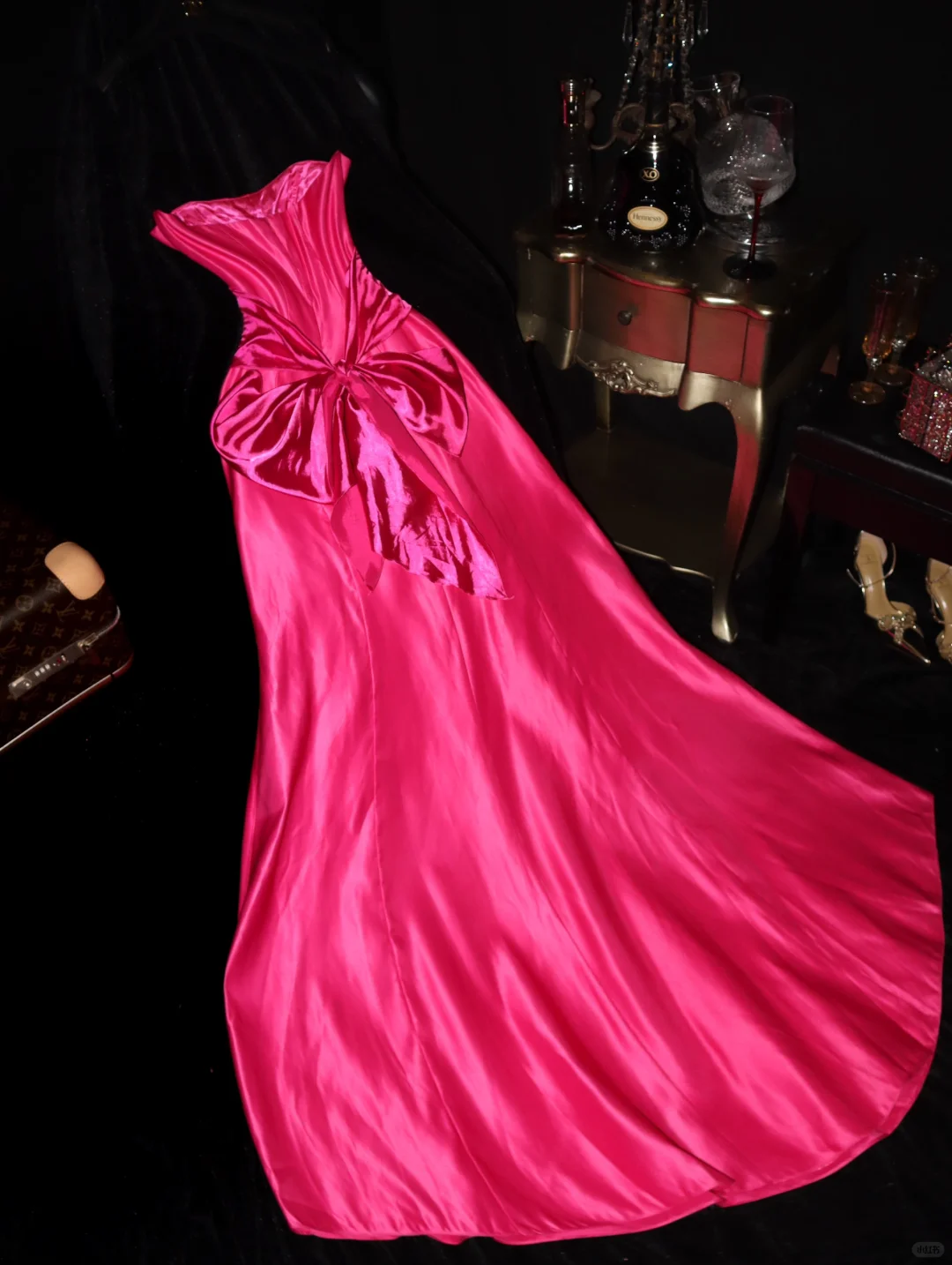Barbie Pink A Line Strapless Satin Long Party Dress Evening Dress with Bow SH3137