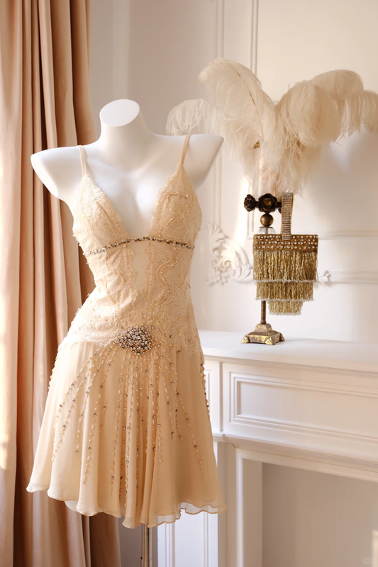 Shiny Vintage A Line V Neck Beaded Apricot Lace Chiffon Short Homecoming Dress SH5333