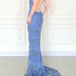 Exquisite Layered Beading Sheath Halter Blue Chiffon Backless Long Prom Dress Evening Dress SH6765