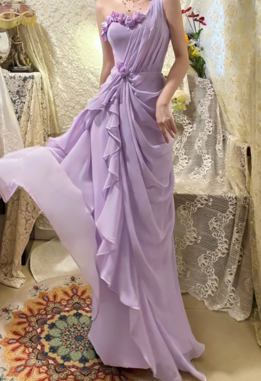 Gentle Pink One Shoulder Floral Pleated Chiffon Long Prom Dresses 16th Birthday Dresses SH4637