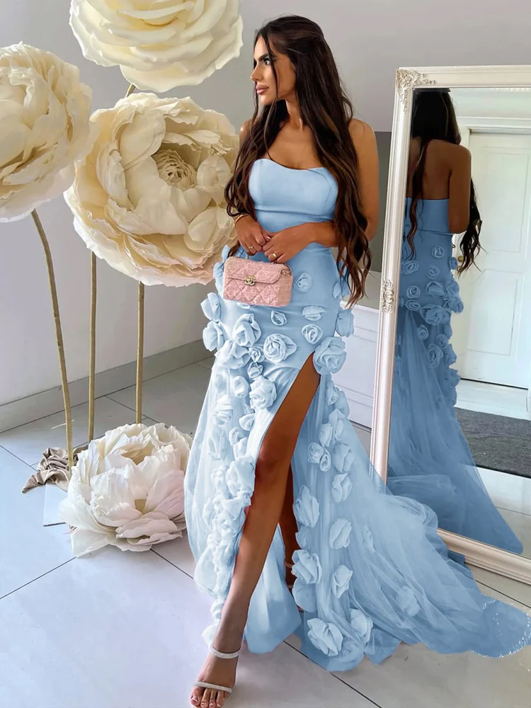 Charming Pink Strapless High Slit Flower Prom Dress SH717