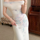 Gentle Mermaid Print Flower Ivory Chiffon Long Prom Dress Evening Dress SH6049
