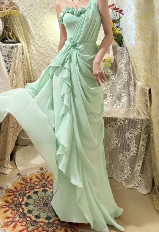 Gentle Pink One Shoulder Floral Pleated Chiffon Long Prom Dresses 16th Birthday Dresses SH4637