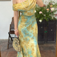 Unique Blue-green Ombre Mermaid Print Floral Chiffon Prom Dress Evening Dress SH6768