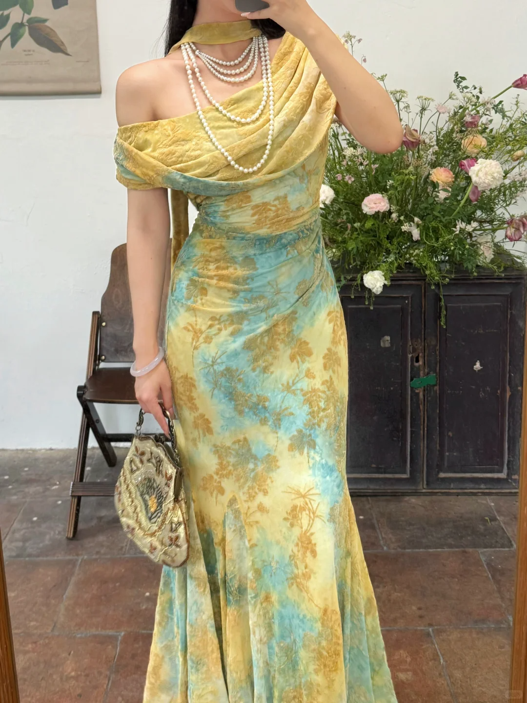 Unique Blue-green Ombre Mermaid Print Floral Chiffon Prom Dress Evening Dress SH6768