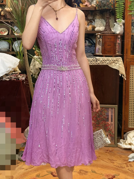 Vintage Purple A Line Straps Beaded Chiffon Short Prom Dress Hoco Dress SH5514