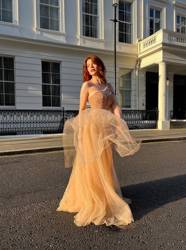 Flowy A Line One Shoulder Beaded Tulle Long Prom Dress Party Dress SH4685