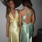 Green Simple Sheath V Neck Satin Open Back Prom Dress Evening Dress Formal Gown SH3921