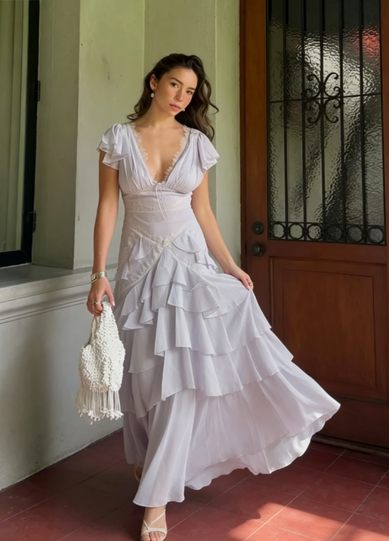 Light Purple A Line V Neck Layered Chiffon Long Prom Dress Outfits SH5494
