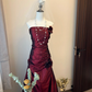 Vintage A Line Strapless Flower Pleated Burgundy Satin Long Prom Dress Party Dress SH3033