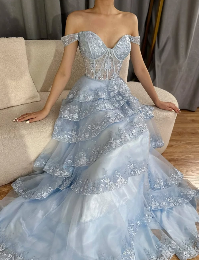 Blue A Line Off the Shoulder Appliques Tiered Petal Tulle Prom Dress Evening Dress SH1901