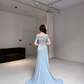 Unique Blue Mermaid Off the Shoulder Chiffon Satin Long Prom Dress Evening Dress SH7703