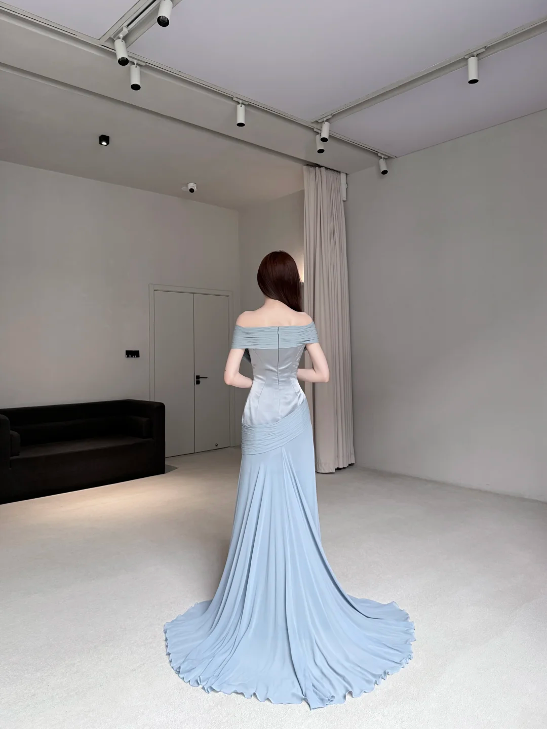 Unique Blue Mermaid Off the Shoulder Chiffon Satin Long Prom Dress Evening Dress SH7703