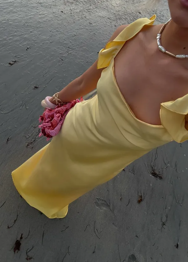 Yellow A Line Straps Satin Open Back Long Prom Dress Outfits SH4806