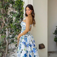 Blue A Line Strapless Print Floral Satin Long Prom Dress Evening Dress with Slit SH1879