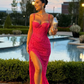 Sexy Hot Pink Sheath Straps Lace Long Prom Dress Date Dress with Slit SH5567