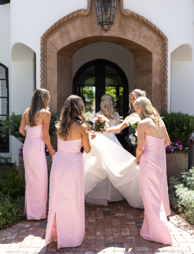 Simple Pink Sheath Strapless Satin Long Bridesmaid Dress SH6308