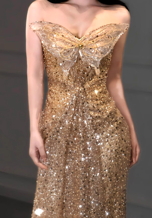 Golden Butterfly Mermaid Strapless Sequin Prom Dress Party Dress SH4076