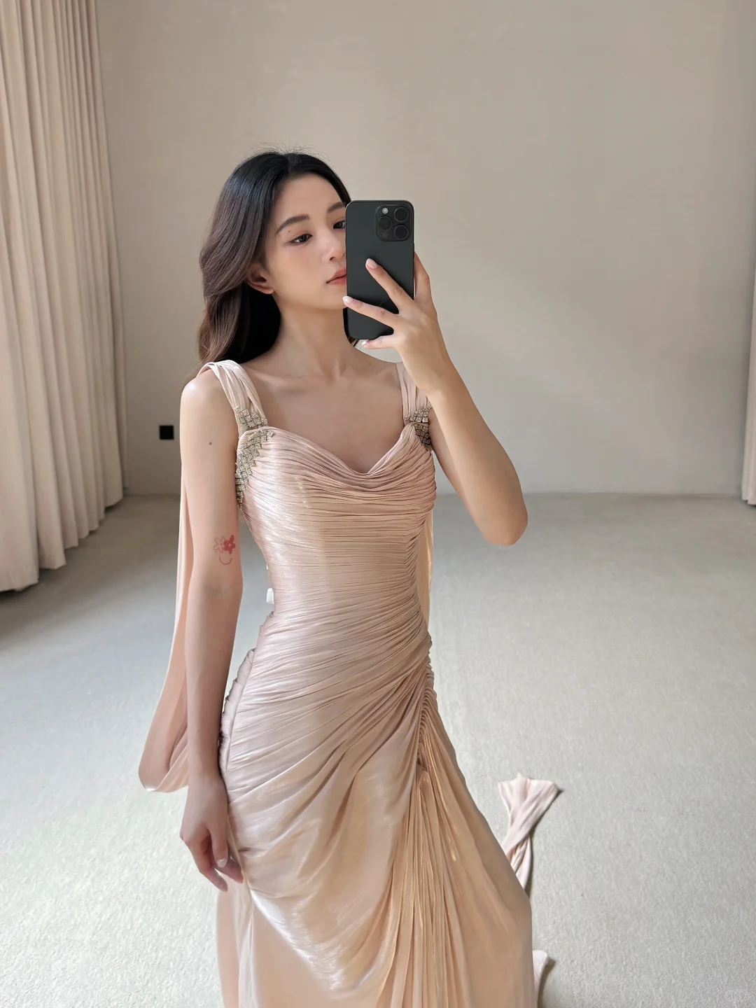 Light Pink Sheath Straps Beaded Pleated Satin Long Wedding Guest Dress Prom Dress SH4759