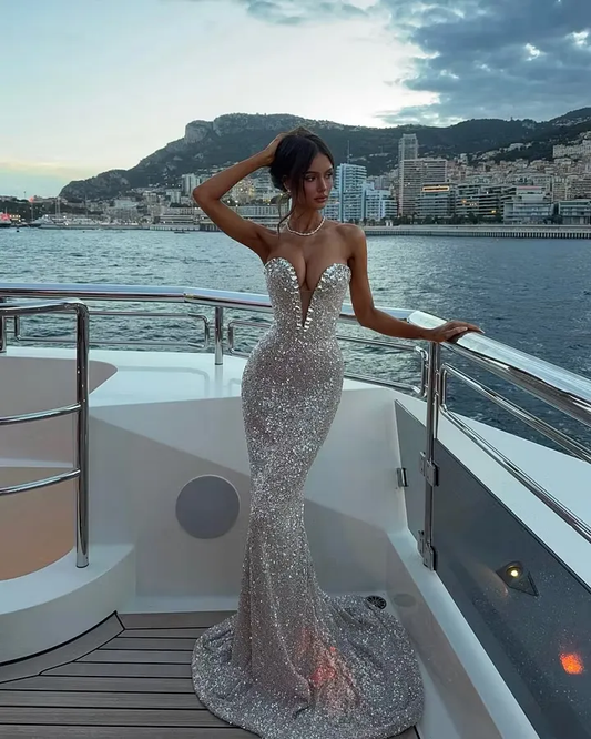 Shiny Silver Mermaid Sweetheart Neck Rhinestone Sequin Prom Dress Evening Dress SH8569