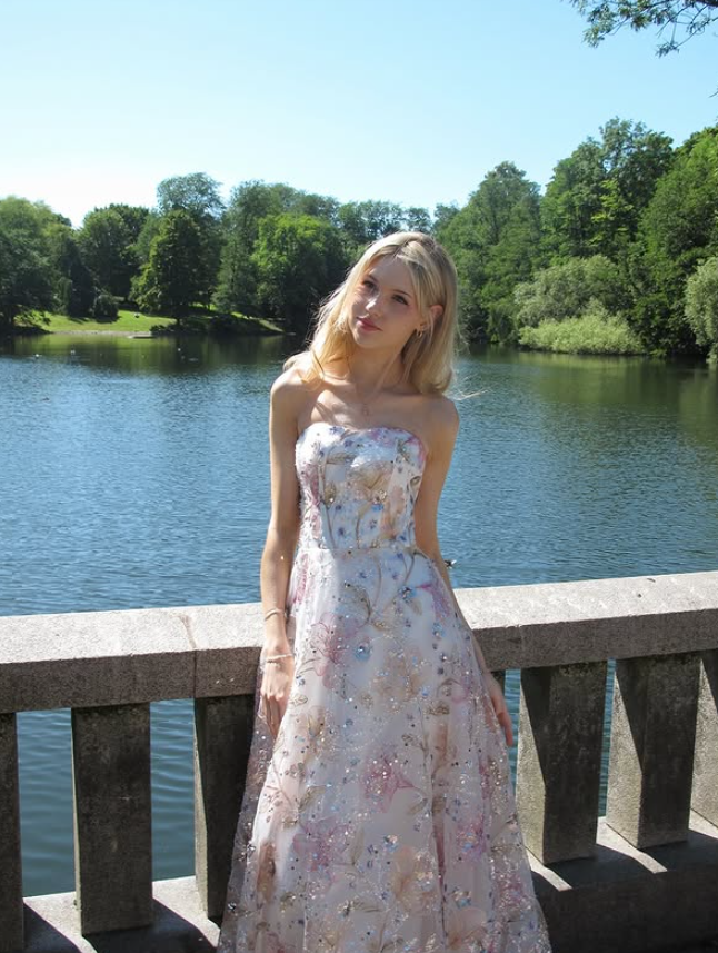 Beautiful A Line Strapless Sequin Floral White Tulle Long Prom Dress Date Dress SH6507