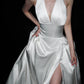 Stunning A Line Halter White Satin Backless Long Wedding Dress SH5980
