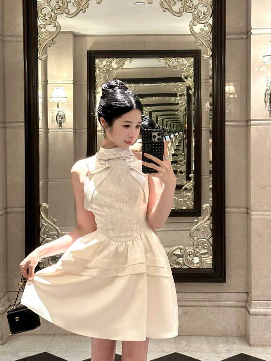 Open Back A Line Halter Bow Lace Ivory Satin Short Birthday Dress Homecoming Dress SH3401