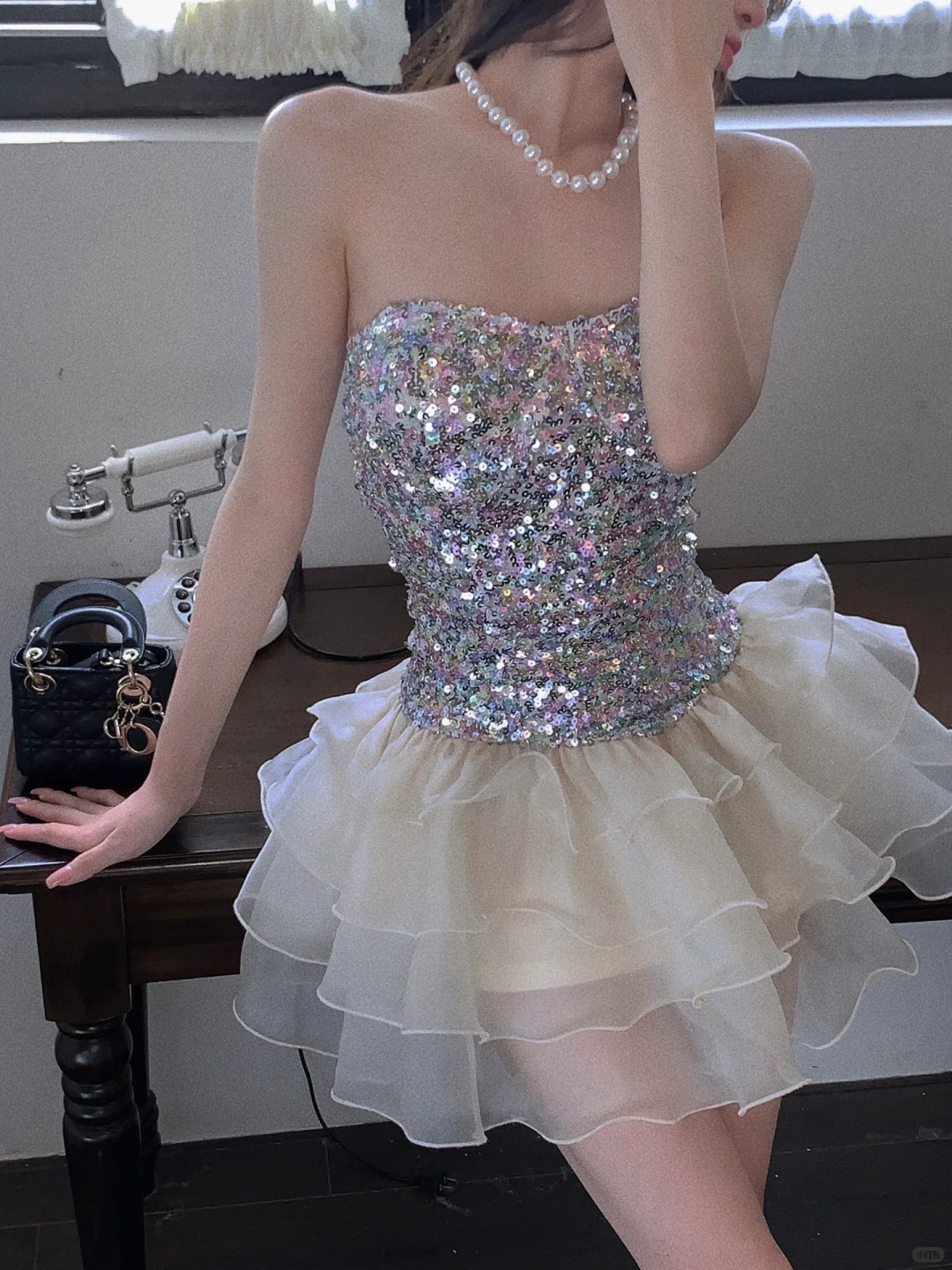 Shiny A Line Strapless Sequin Layered Organza Short Homecoming Dress Outfits SH5825