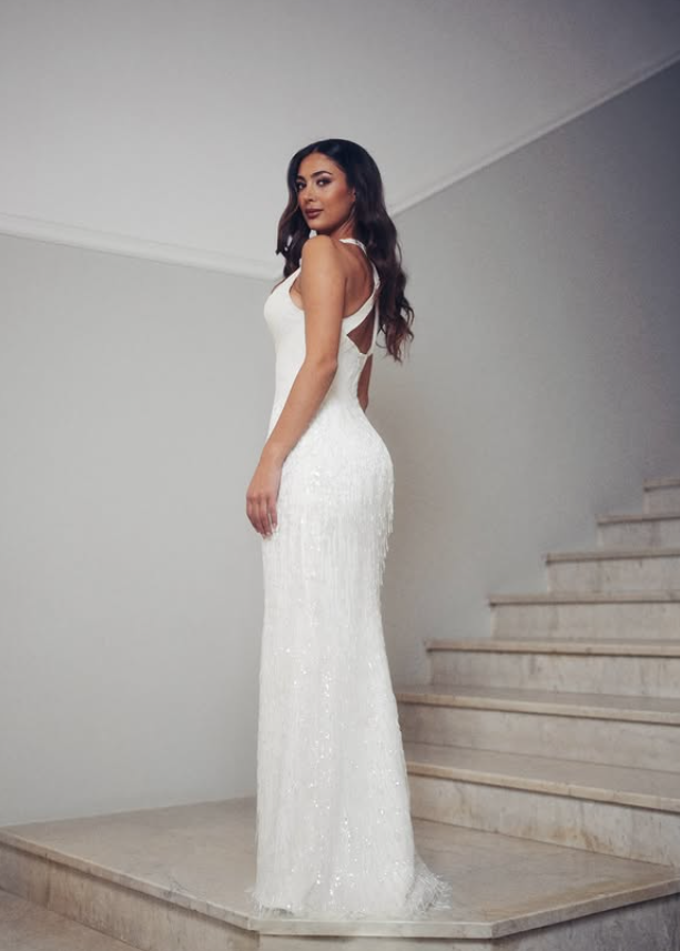 Luxurious Sheath V Neck Beaded White Satin Long Prom Dress Evening Dress SH6535
