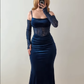 Sexy Dark Blue Sheath Spaghetti Strap Lace Velvet Prom Dress Evening Dress SH6875