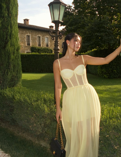 Pretty A Line Spaghetti Strap Corset Light Yellow Tulle Prom Dress Evening Dress SH2210