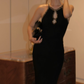 Sexy Black Sheath Straps Beaded Satin Long Party Dress Cocktail Dress Date Dress SH3686