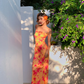 Sexy Sheath Spaghetti Straps Orange Print Floral Satin Long Prom Dress Outfits SH4331