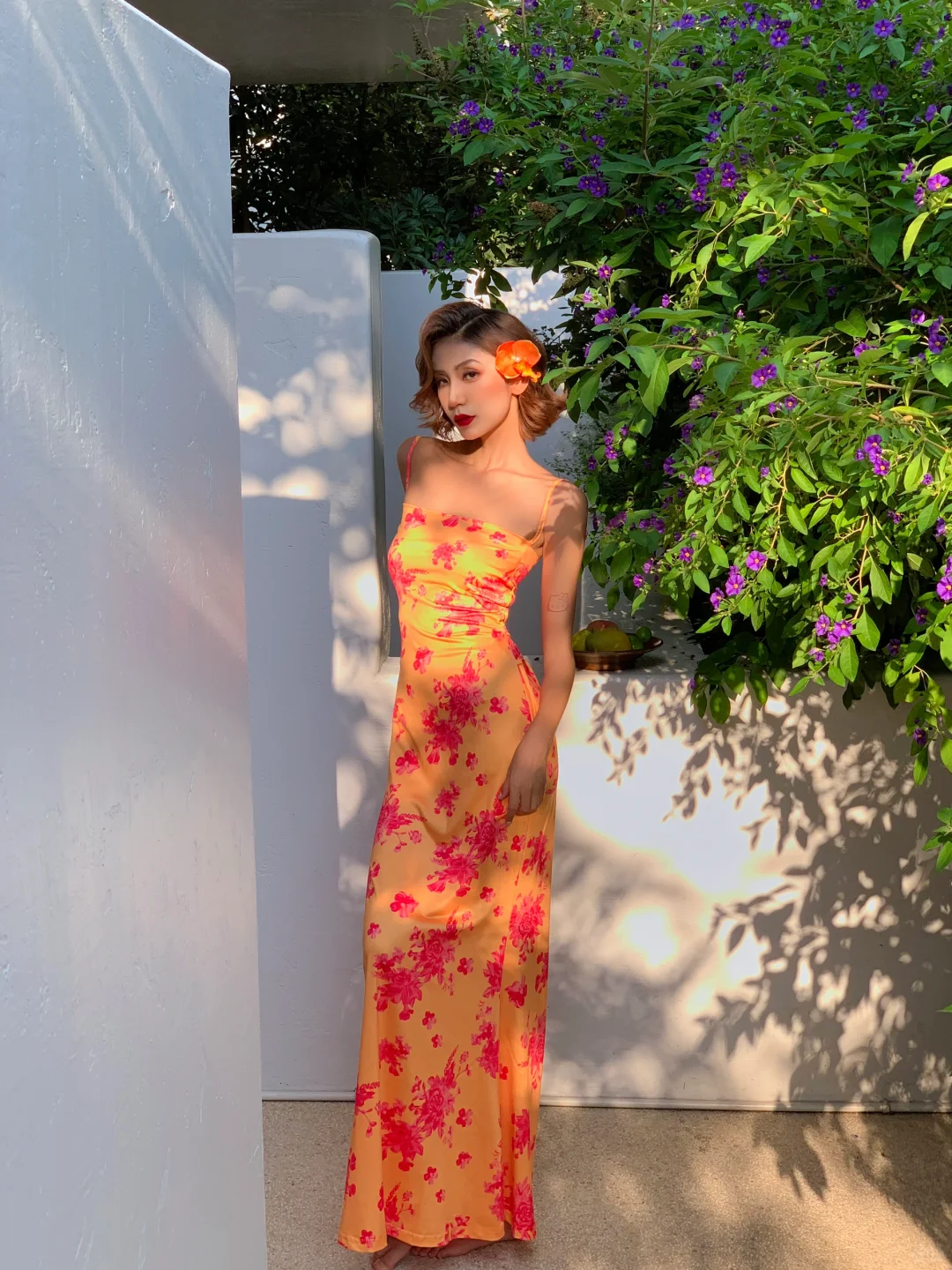 Sexy Sheath Spaghetti Straps Orange Print Floral Satin Long Prom Dress Outfits SH4331