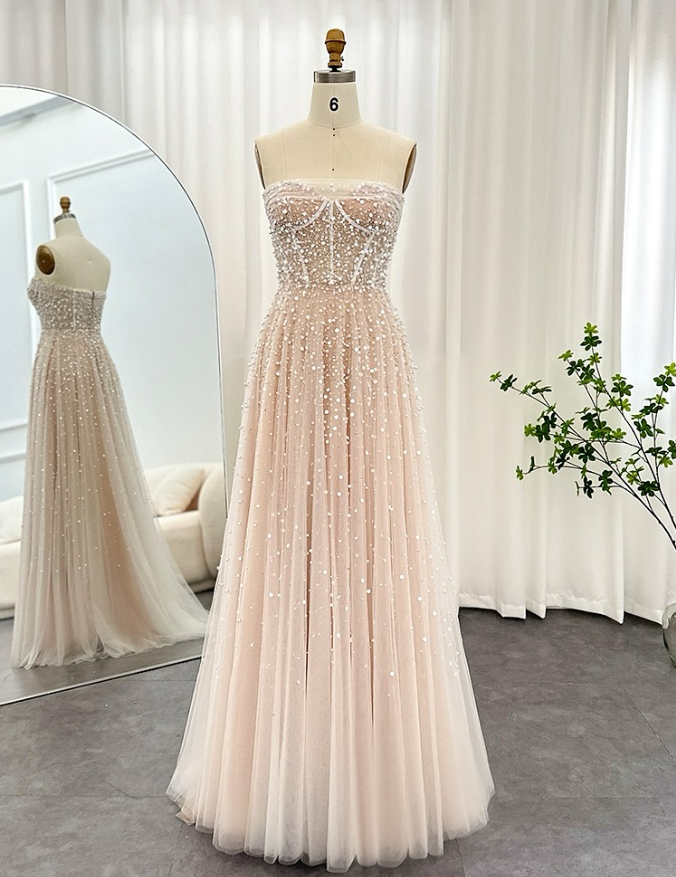 Elegant A Line Strapless Sequin Pearl Beaded Tulle Long Prom Dress Eve