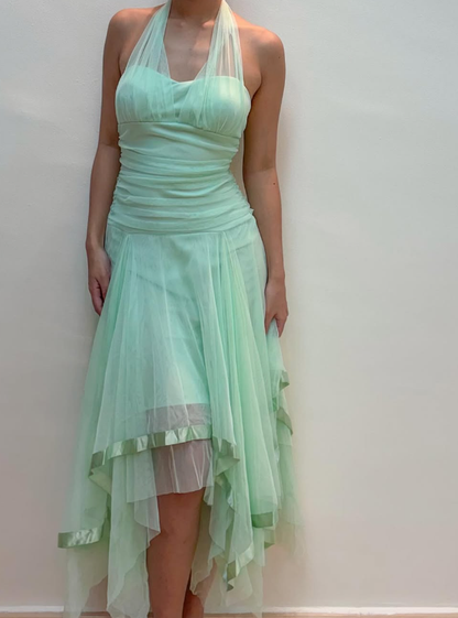 Vintage A Line Halter V Neck Ruffle Green Tulle Short Homecoming Dress Evening Dress SH369
