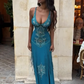 Vintage A Line V Neck Cerulean Beaded Chiffon Long Prom Dress Evening Dress SH5329