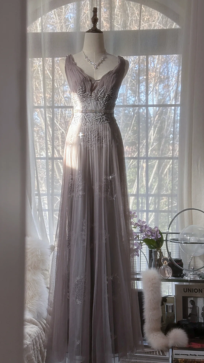 Stunning A Line V Neck Appliques Purple Tulle Long Prom Dress Evening Dress SH2970