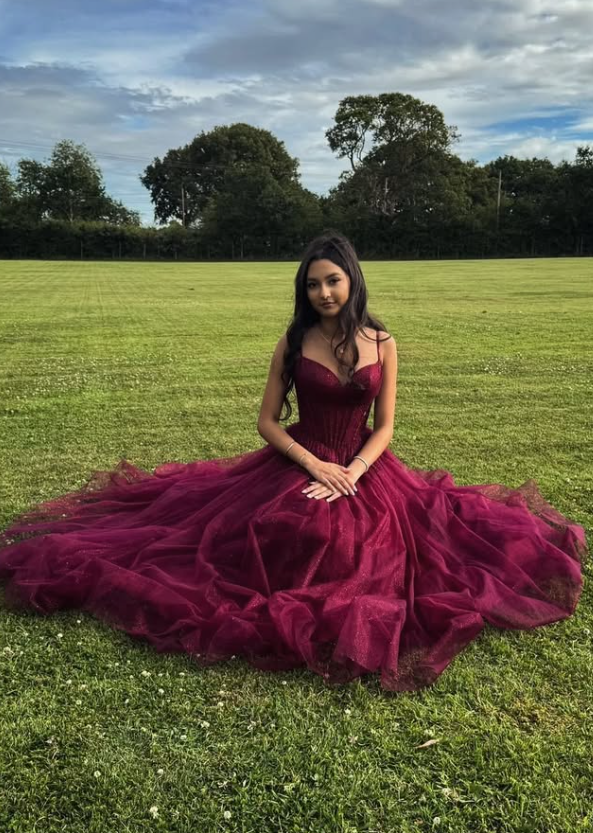 Burgundy A Line Spaghetti Strap Corset Sequin Tulle Prom Dress Birthday Dress SH9023