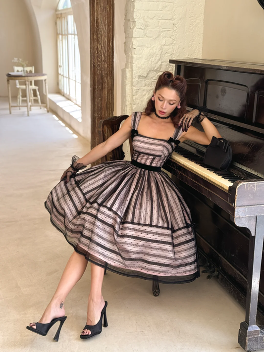 Vintage A Line Straps Black Tulle Pink Satin Short Prom Dress Homecoming Dress SH4226