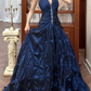 Vintage Navy Blue A Line Halter Beaded Pleated Satin Long Prom Dress SH5169