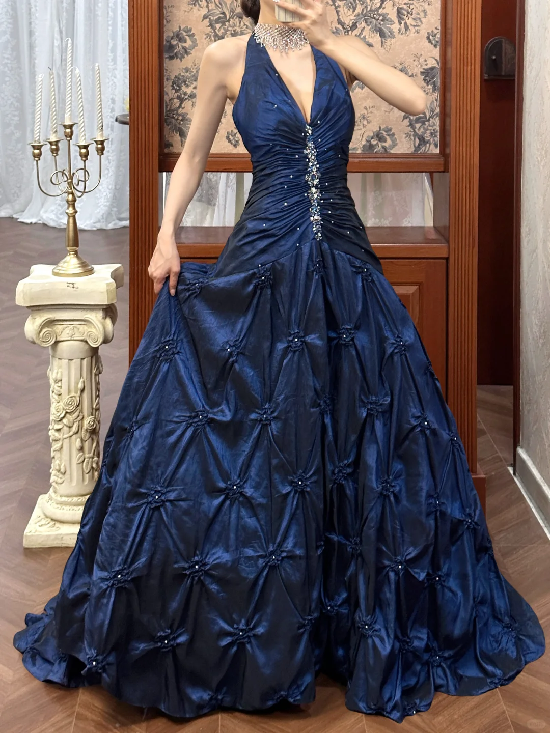 Vintage Navy Blue A Line Halter Beaded Pleated Satin Long Prom Dress SH5169