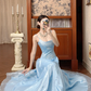 Vintage Blue A Line Embroidery Organza Satin Long Prom Dress Evening Dress SH5654