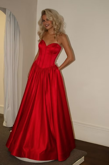 Red A Line Sweetheart Neck Corset Satin Long Prom Dress Evening Dress SH8819