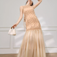 Simple Apricot A Line Round Neck Floral Tulle Prom Dress Outfits SH4731